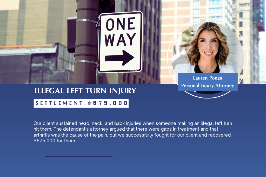 $675,000 settlement for a personal injury caused by driver making an illegal left turn