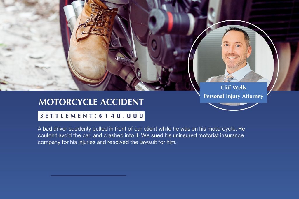 $140,000 settlement for a motorcycle accident caused by a bad car driver
