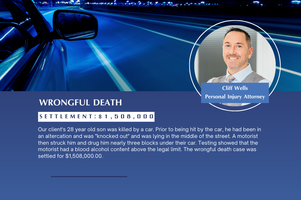 $1,508,000 settlement from a wrongful death caused by an intoxicated driver