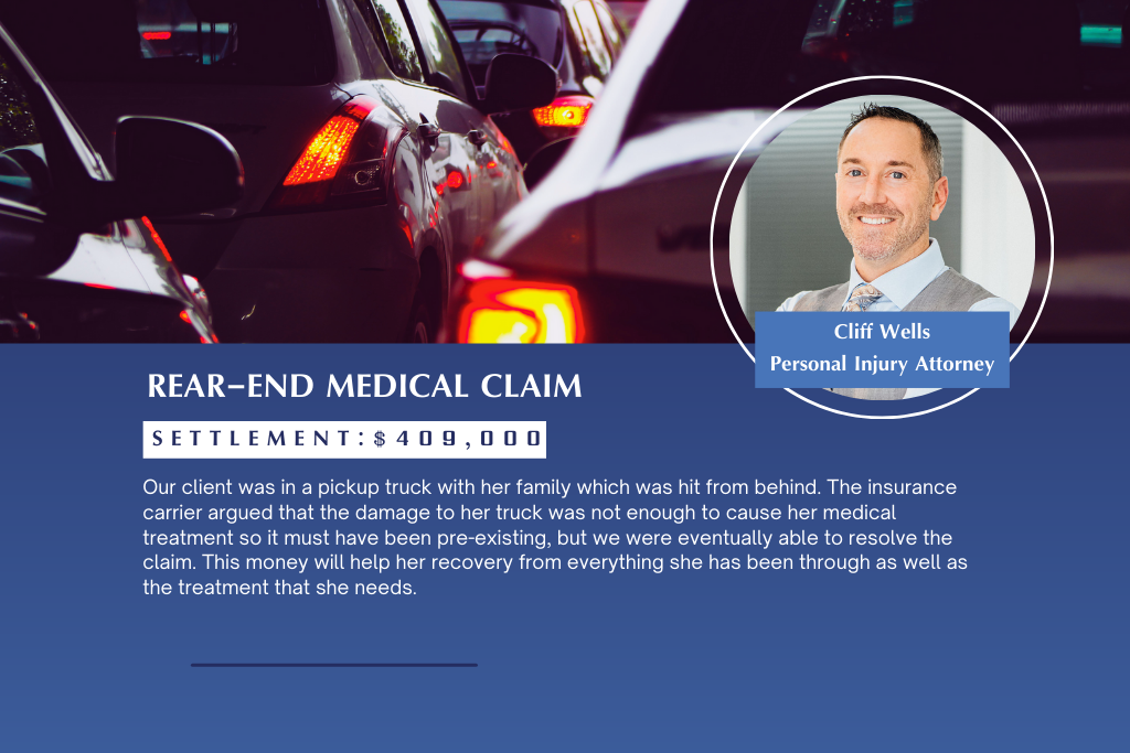 $409,000 settlement for a rear-end accident caused by a pickup truck