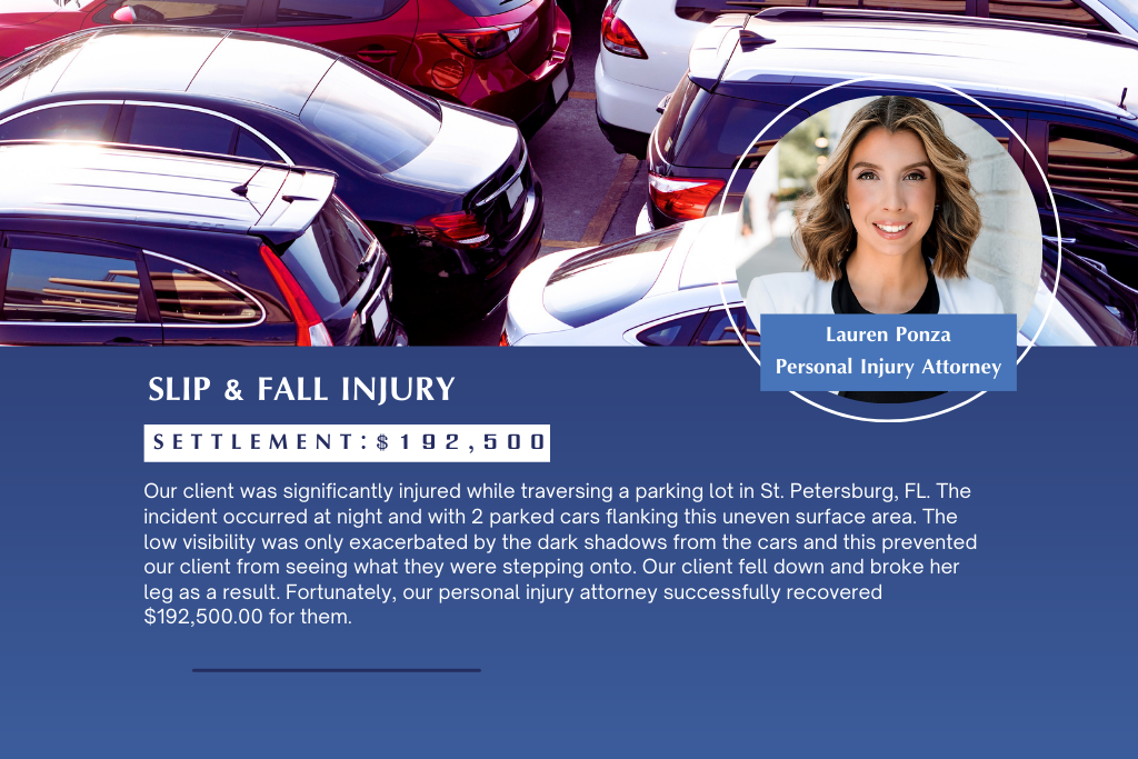 $192,500 settlement for a slip and fall injury at a St. Petersburg parking lot