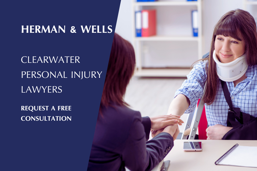 Smiling woman with neck brace shakes hands with a Clearwater personal injury lawyer after legal consultation.