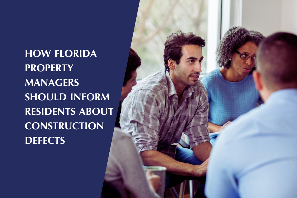 Florida property manager meets with residents to discuss construction defects.