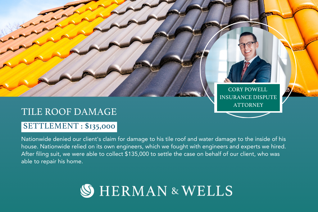 $135,000 settlement for damaged tile roof claim initially denied by Nationwide insurance.