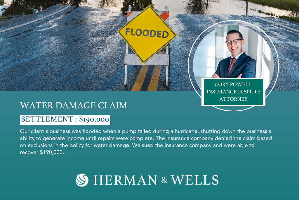 $190,000 settlement for water damage caused by flooding during a hurricane.