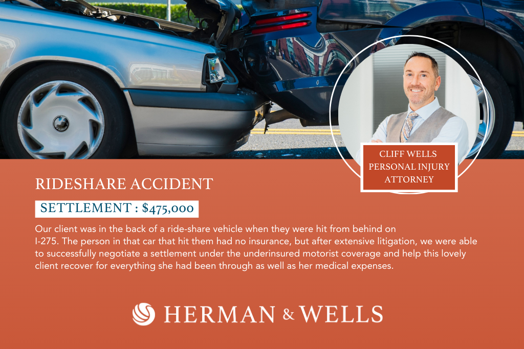 $475,000 settlement from past rideshare accident case in Florida.