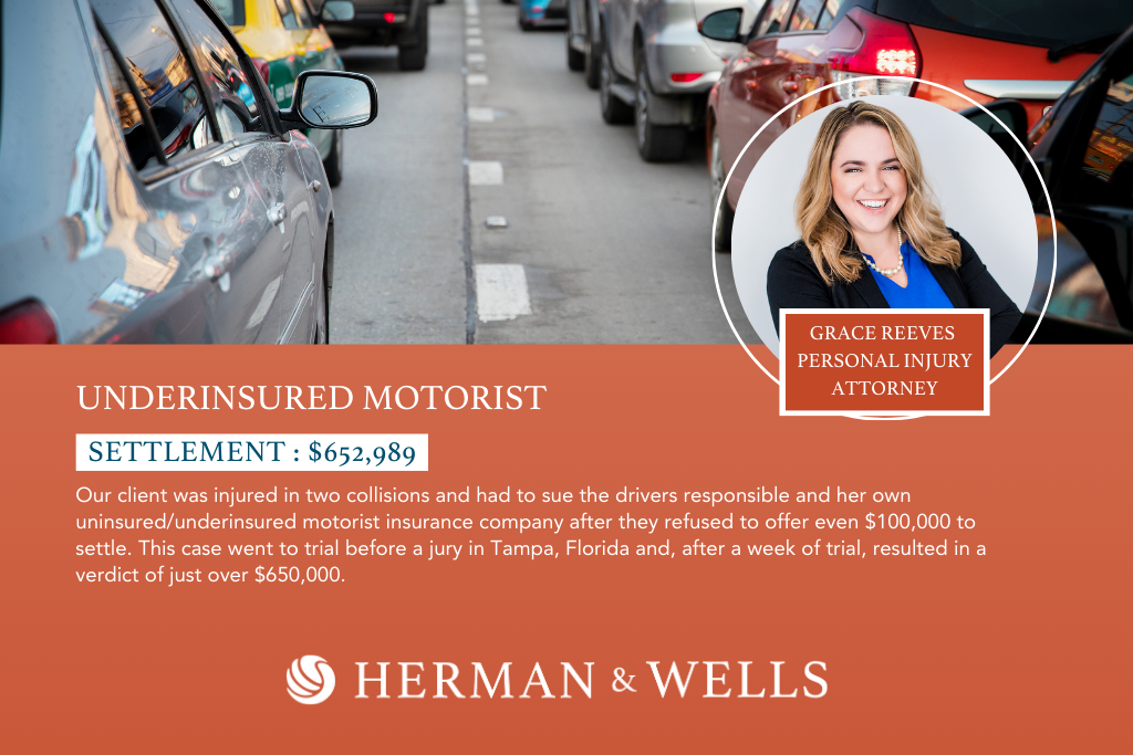 $652,989 settlement from car accident case in Tampa, Florida.