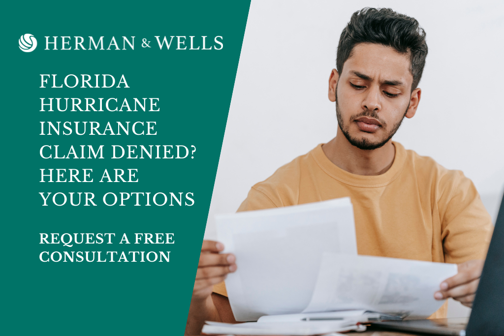 Florida homeowner studies denied hurricane claim and plans consulting with an insurance dispute lawyer.