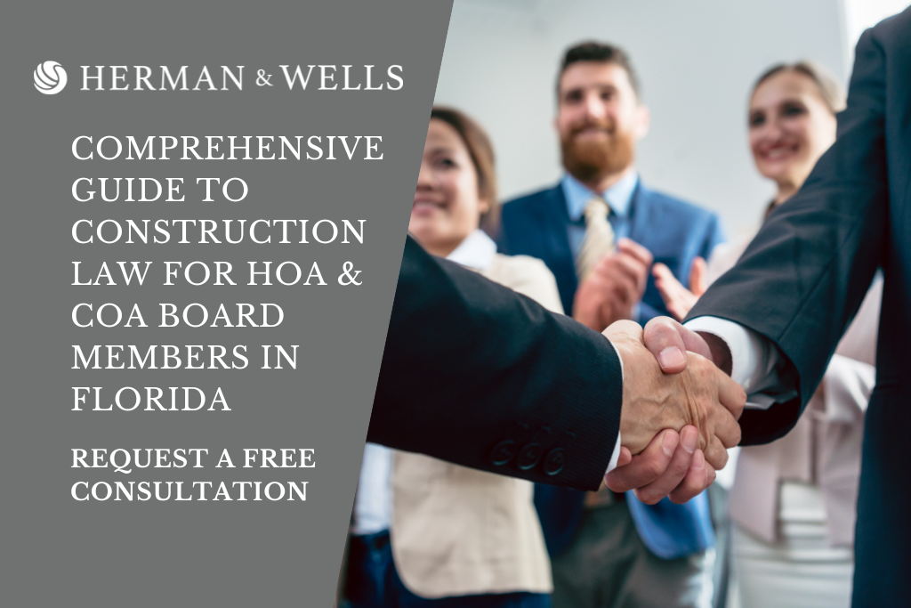 The HOA/COA president shakes hands with a construction lawyer after receiving guidance on Florida laws, as board members look on.